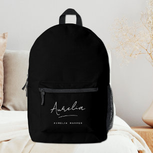 Monogram Modern Minimalist Black Script Name Printed Backpack