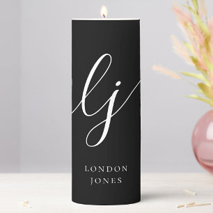 Monogram Modern Minimalist Black White Calligraphy Pillar Candle