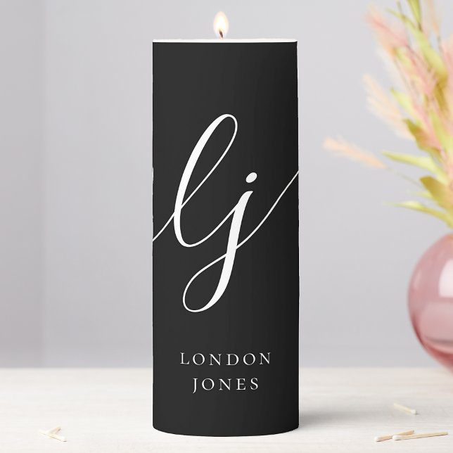 Monogram Modern Minimalist Black White Calligraphy Pillar Candle (Creator Uploaded)