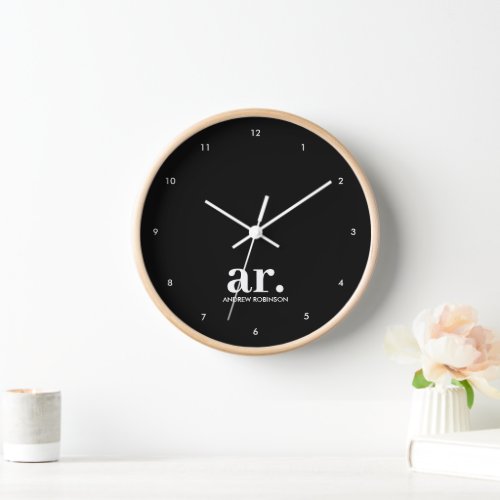 Monogram Modern Minimalist Black White Clock