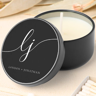 Monogram Modern Minimalist Black White Script Mini Candle Favors