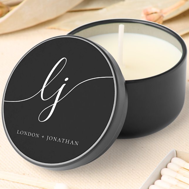 Monogram Modern Minimalist Black White Script Mini Candle Favors (Creator Uploaded)