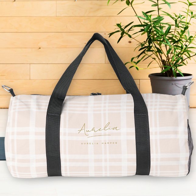 Monogram Modern Minimalist Blush Pink Gold Plaid Duffle Bag (Creator Uploaded)