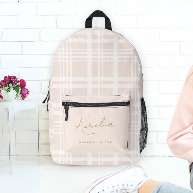 Monogram Modern Minimalist Blush Pink Gold Plaid Printed Backpack (Creator Uploaded)