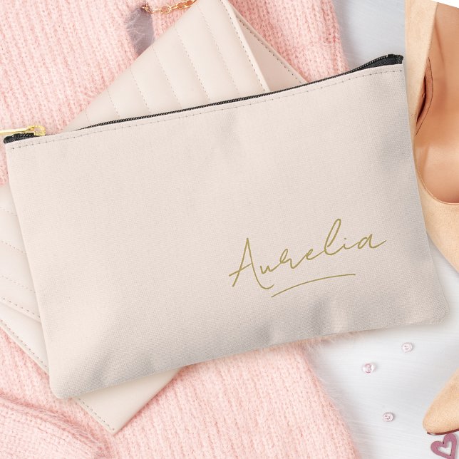 Monogram Modern Minimalist Blush Pink Gold Script Accessory Pouch (Creator Uploaded)