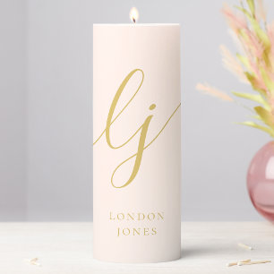 Monogram Modern Minimalist Blush Pink Gold Script Pillar Candle