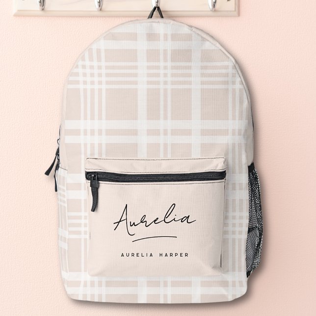 Monogram Modern Minimalist Blush Pink Script Plaid Printed Backpack (Creator Uploaded)