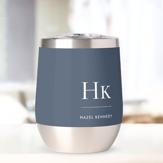 Monogram Modern Minimalist Classic Navy Blue White Thermal Wine Tumbler (Creator Uploaded)