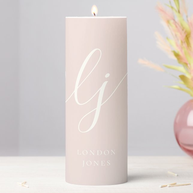 Monogram Modern Minimalist Dusty Rose Pink Script Pillar Candle (Creator Uploaded)