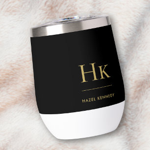 Monogram Modern Minimalist Elegant Black Gold Thermal Wine Tumbler