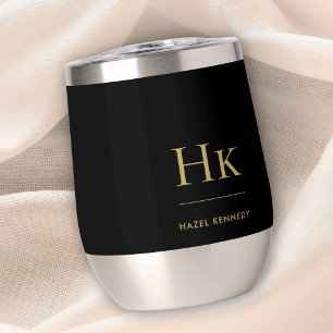 Monogram Modern Minimalist Elegant Black Gold Thermal Wine Tumbler