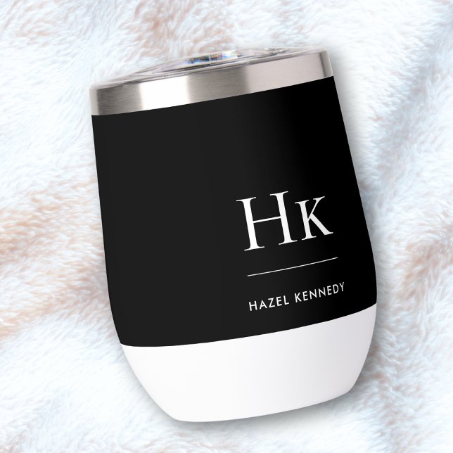 Monogram Modern Minimalist Elegant Black White Thermal Wine Tumbler (Creator Uploaded)
