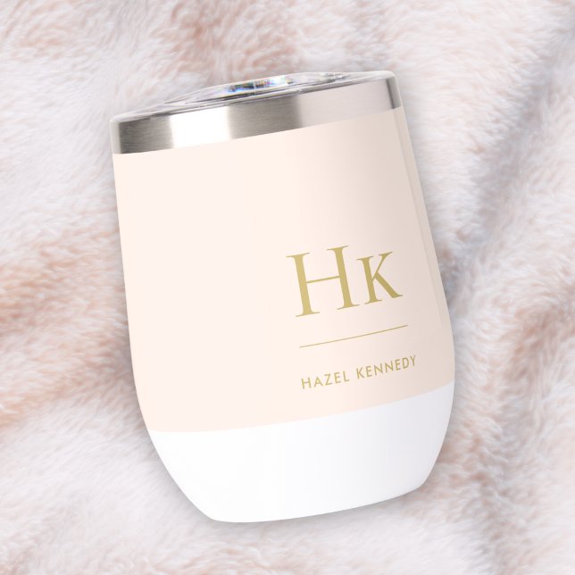 Monogram Modern Minimalist Elegant Blush Pink Gold Thermal Wine Tumbler (Creator Uploaded)