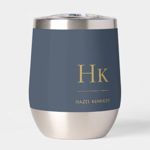 Monogram Modern Minimalist Elegant Navy Blue Gold Thermal Wine Tumbler