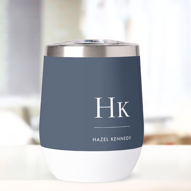Monogram Modern Minimalist Elegant Navy Blue White Thermal Wine Tumbler (Creator Uploaded)