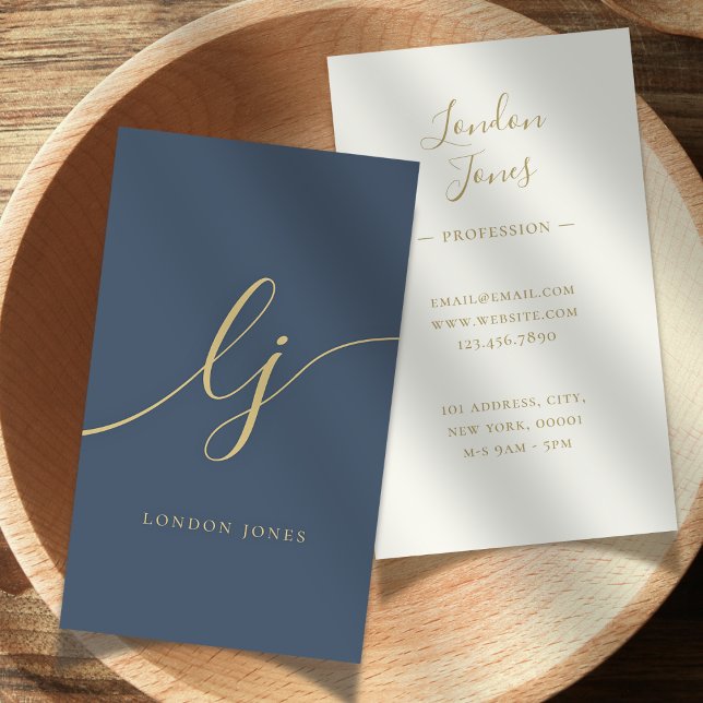 Monogram Modern Minimalist Feminine Navy Blue Gold Business Card (Creator Uploaded)