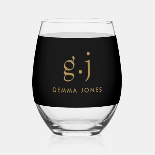 Monogram Modern Minimalist Gold Black Stemless Wine Glass