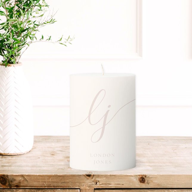 Monogram Modern Minimalist Ivory Pink Calligraphy Pillar Candle (Creator Uploaded)