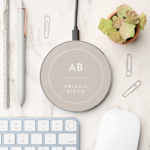 Monogram Modern Minimalist Natural Taupe Wireless Charger