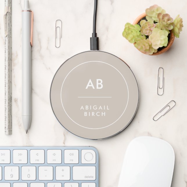 Monogram Modern Minimalist Natural Taupe Wireless Charger (Desk)