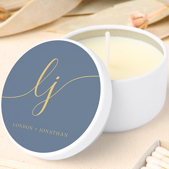 Monogram Modern Minimalist Navy Blue Gold Script Mini Candle Favors (Creator Uploaded)