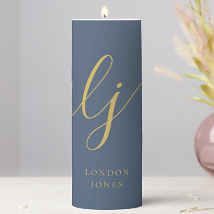 Monogram Modern Minimalist Navy Gold Calligraphy Pillar Candle