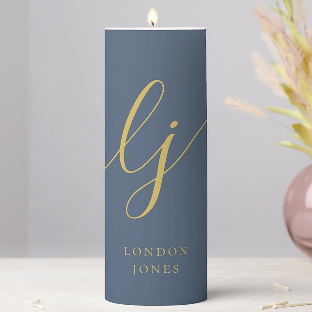 Monogram Modern Minimalist Navy Gold Calligraphy Pillar Candle (Creator Uploaded)