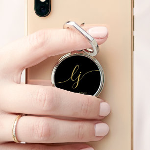Monogram Modern Minimalist Neutral Black Gold Phone Ring Stand