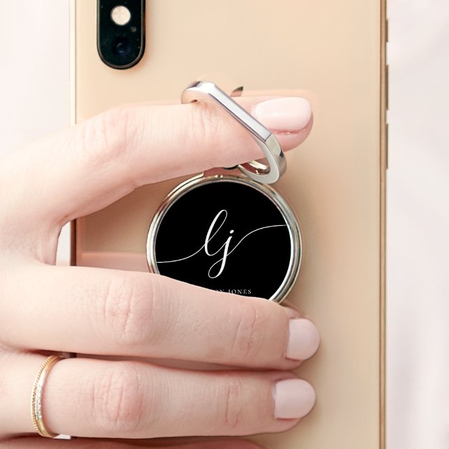 Monogram Modern Minimalist Neutral Black Phone Ring Stand (Creator Uploaded)