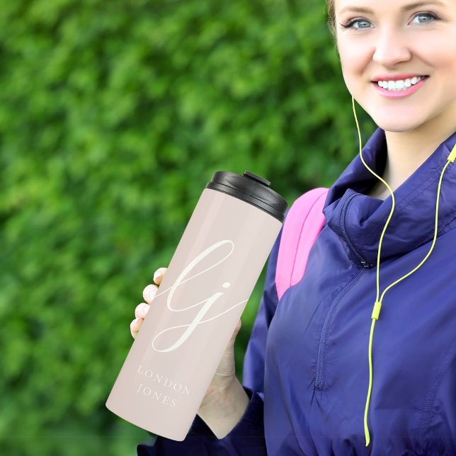 Monogram Modern Minimalist Pink Script Calligraphy Thermal Tumbler (Creator Uploaded)