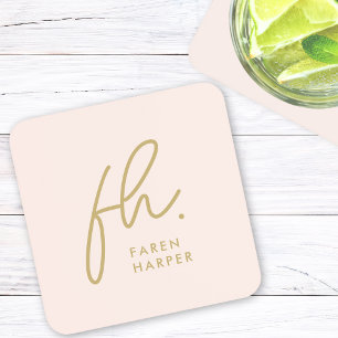 Monogram Modern Minimalist Script Blush Pink Gold Beverage Coaster