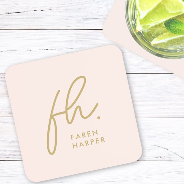 Monogram Modern Minimalist Script Blush Pink Gold Beverage Coaster (Creator Uploaded)