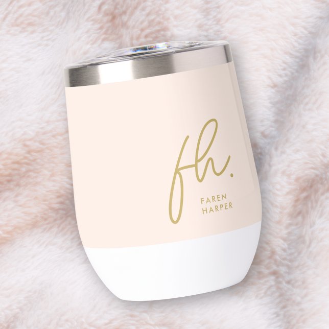 Monogram Modern Minimalist Script Blush Pink Gold Thermal Wine Tumbler (Creator Uploaded)