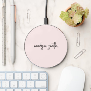 Monogram Modern Minimalist Script Blush Pink Wireless Charger