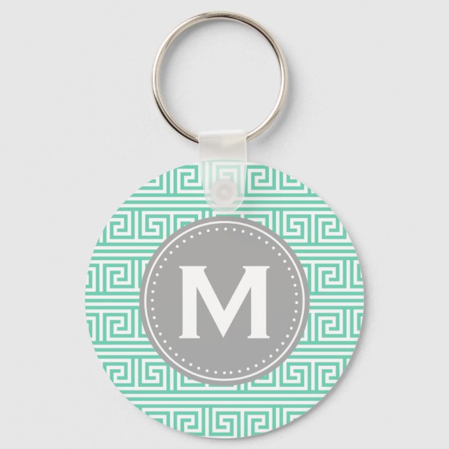 Monogram Modern Mint Greek Key Pattern Keychain (Front)
