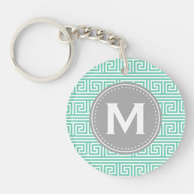 Monogram Modern Mint Greek Key Pattern Keychain (Front)