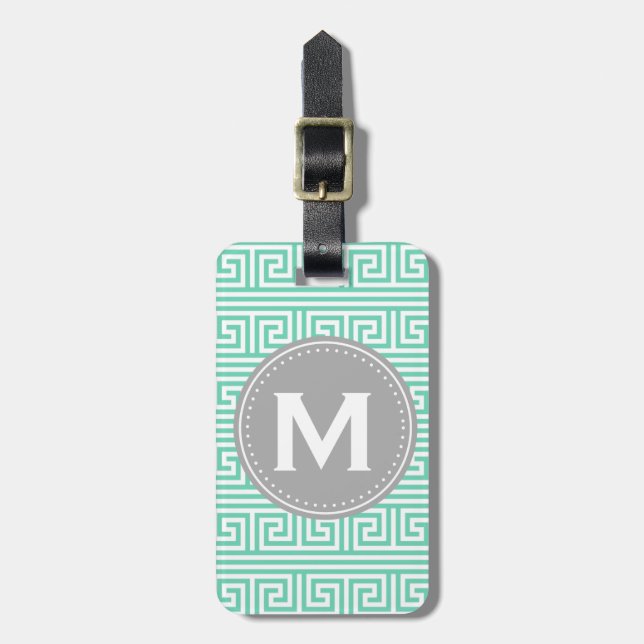 Monogram Modern Mint Greek Key Pattern Luggage Tag (Front Vertical)