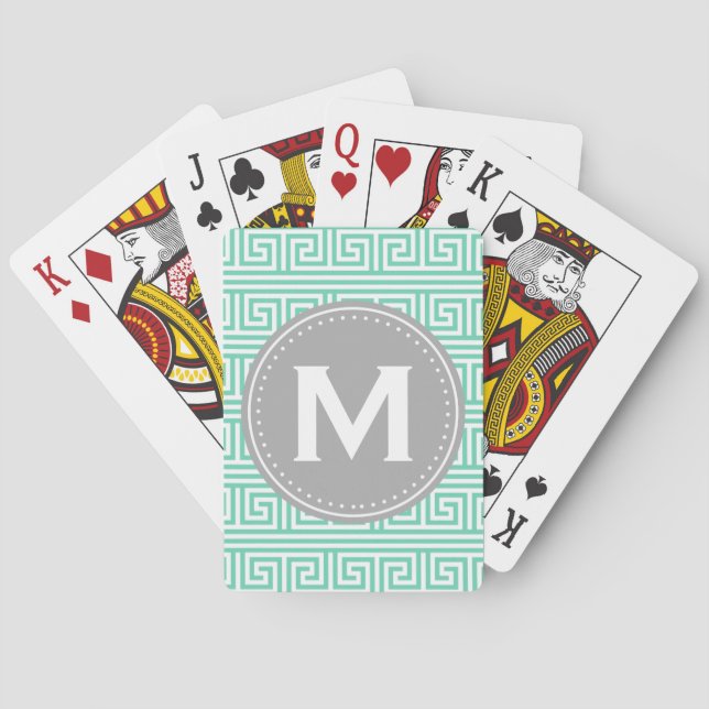 Monogram Modern Mint Greek Key Pattern Poker Cards (Back)