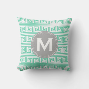 Monogram Modern Mint Greek Key Pattern Throw Pillow