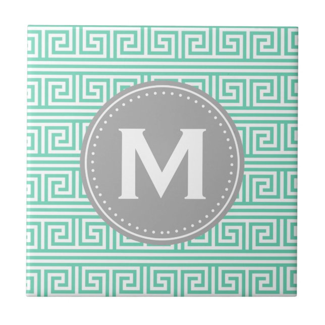 Monogram Modern Mint Greek Key Pattern Tile (Front)