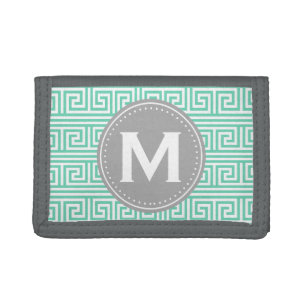 Monogram Modern Mint Greek Key Pattern Tri-fold Wallet