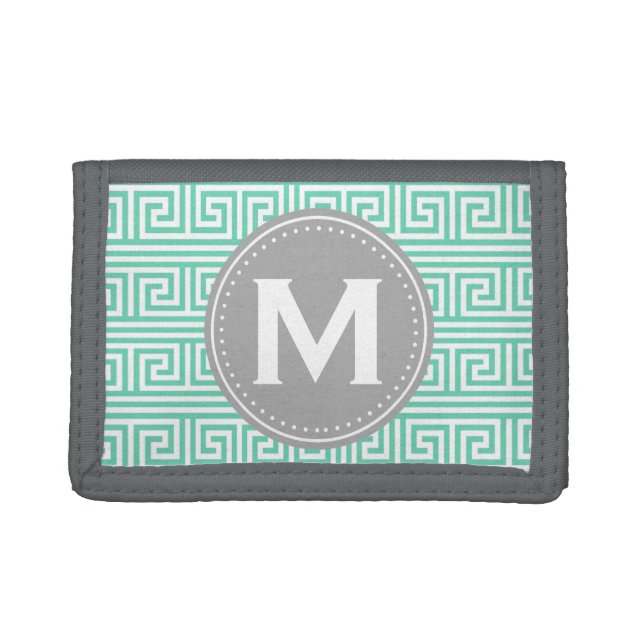 Monogram Modern Mint Greek Key Pattern Tri-fold Wallet (Front)