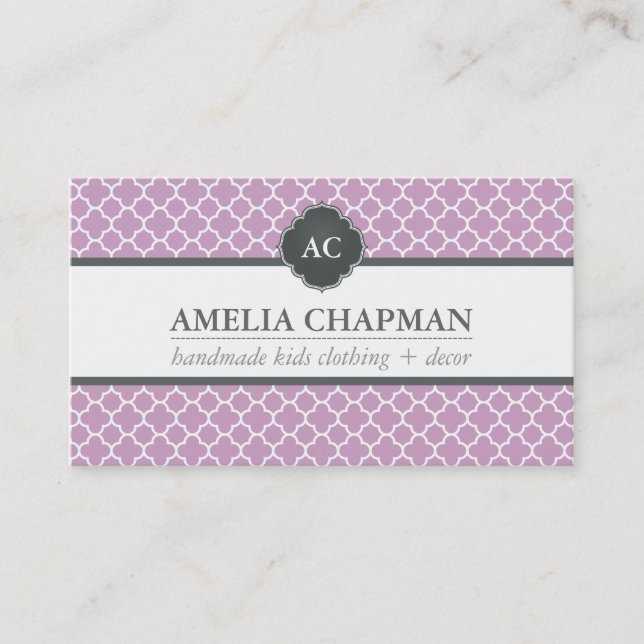 MONOGRAM modern morrocan pattern lilac purple gray Business Card (Front)