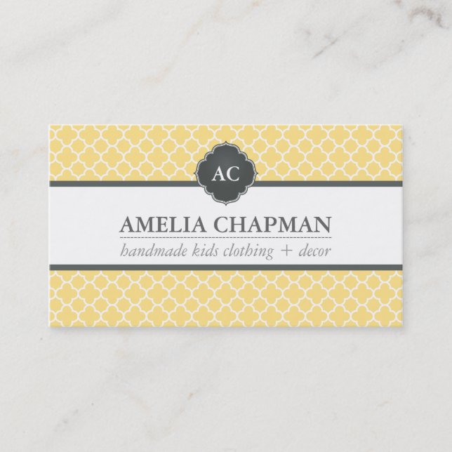MONOGRAM modern morrocan pattern pale yellow gray Business Card (Front)
