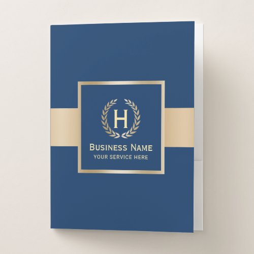 Monogram Modern Navy Blue  Gold Stripe Business Pocket Folder
