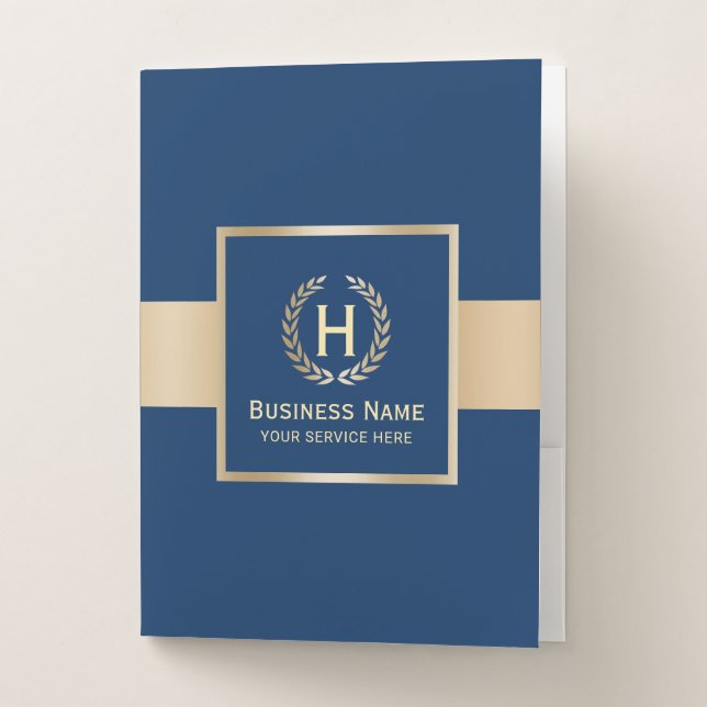 Monogram Modern Navy Blue & Gold Stripe Business Pocket Folder (Front)