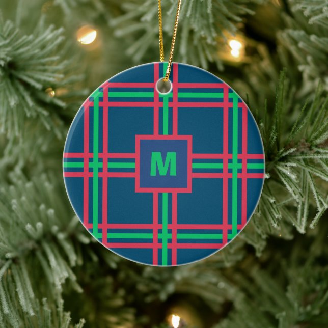 Monogram Modern Navy Blue Green Plaid Holiday Ceramic Ornament (Tree)