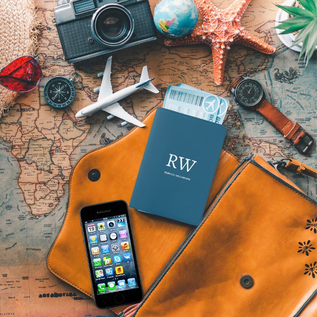 Monogram Modern Ocean Blue Minimalist Passport Holder (Creator Uploaded)