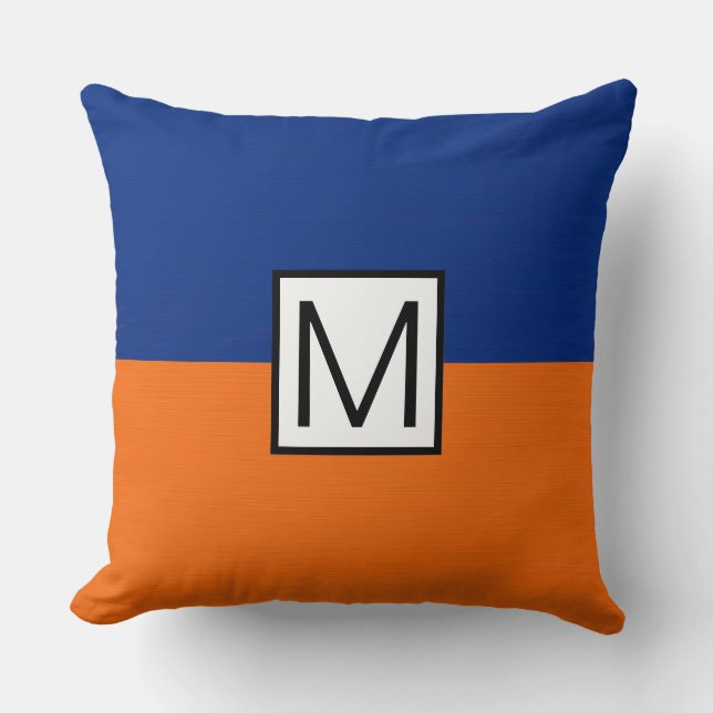 Monogram Modern Orange and Dark Blue Elegant Throw Pillow (Front)
