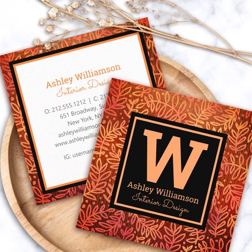 Monogram modern orange gold foliage leaves pattern square business card